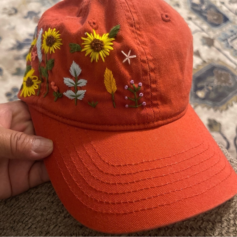 Embroidered Floral Orange Cap - Picture 2 of 8